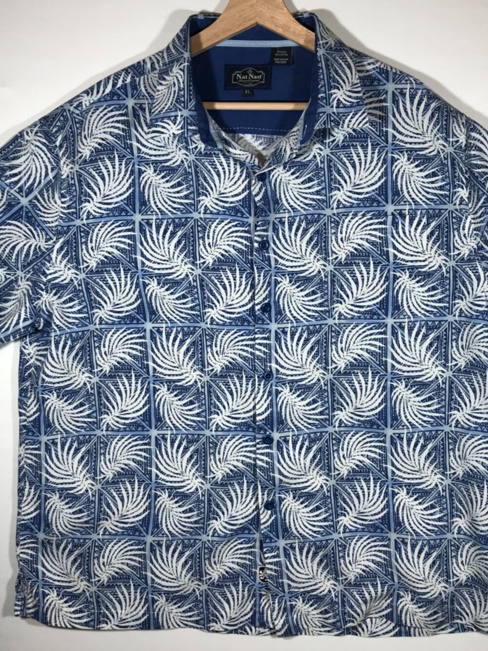 Nat Nast Men's XL Blue Silk Blend Hawaiian Aloha Button Up Short Sleeve Shirt